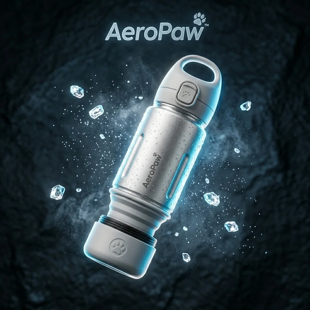 AeroPaw 3-in-1 dog water bottle in Alpine Pearl White color floating above pedestal