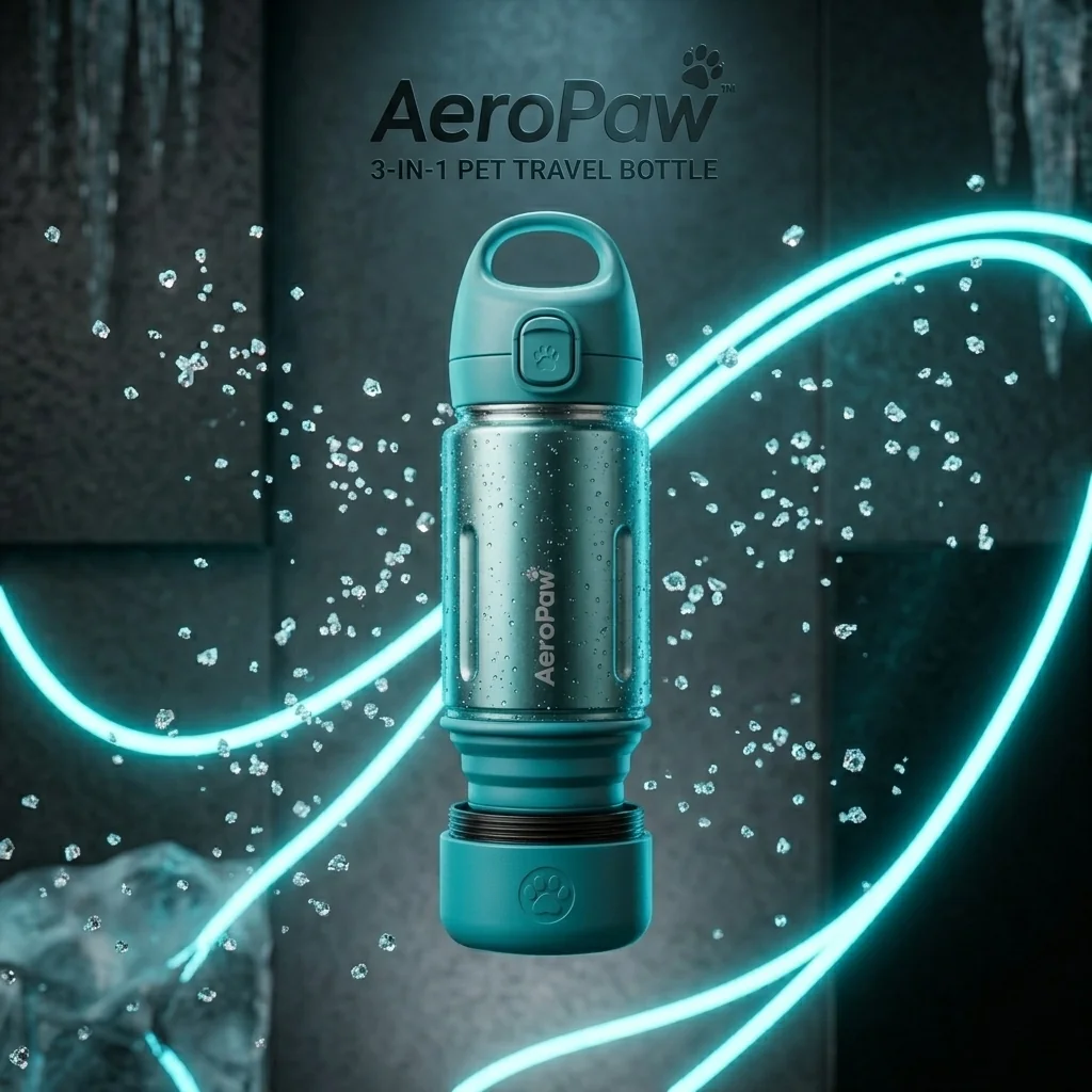 AeroPaw 3-in-1 dog water bottle in Arctic Cyan Teal color floating above black obsidian pedestal with water condensation droplets